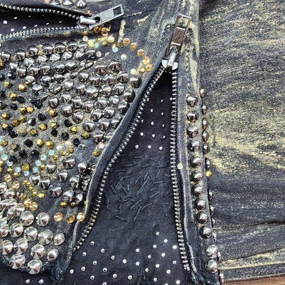 Womens Black Gold Luxe Moda Denim Jeans Rhinestone Embellished Side Zippers 12 - Picture 12 of 13